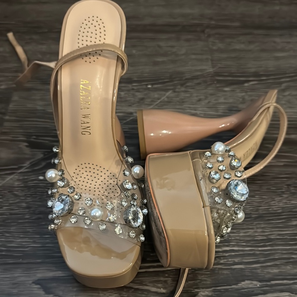 Tan Block Heel Sandals with Embellished Strap